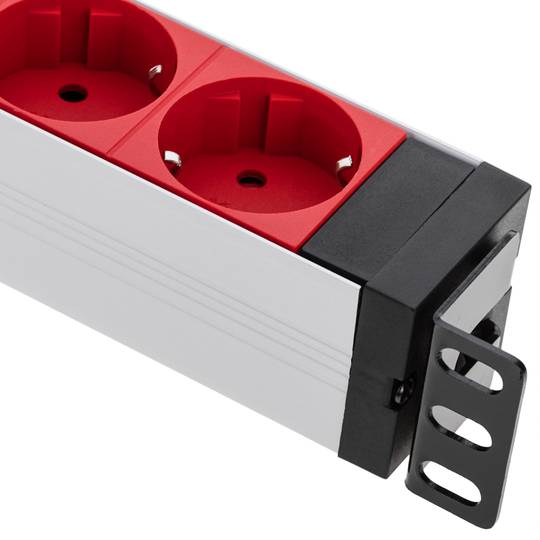 Tira de força de PVC para rack de 19” 1U com 8 switches Schuko vermelhos e conector C14