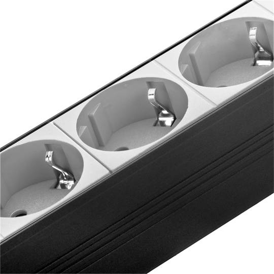 Tira de PVC com 9 tomadas tipo Schuko brancas e caixa preta para rack de 19” 1U