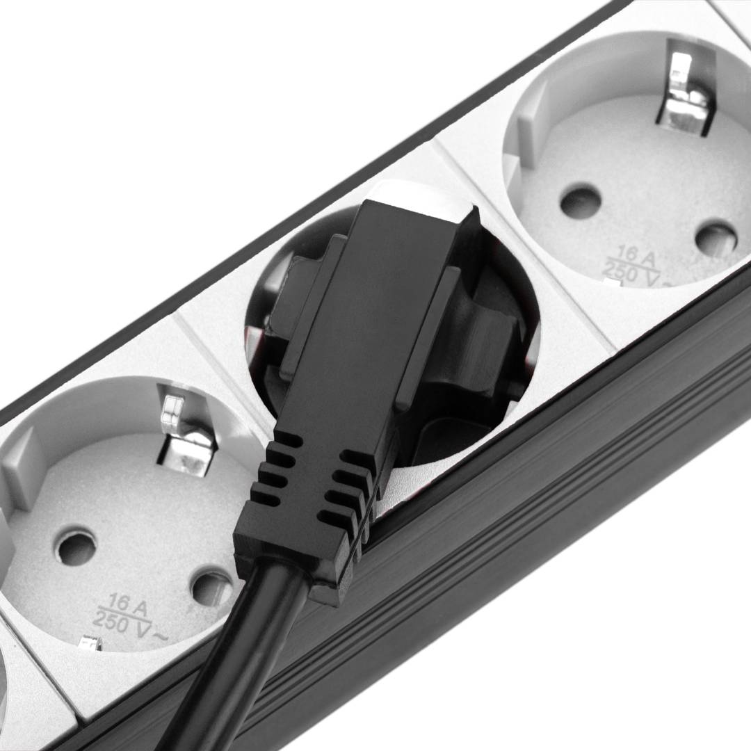 PVC power strip for 19” 1U rack cabinet with 8 white Schuko sockets, switch and black housing
