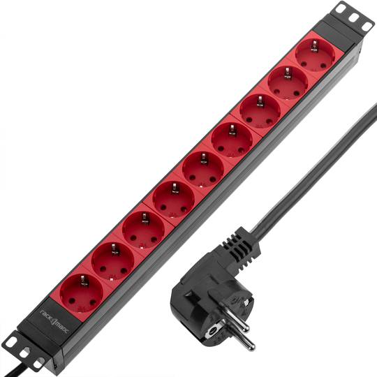 Striscia in PVC con 9 spine rosse tipo Schuko e custodia nera per armadio rack 19” 1U