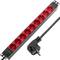 Striscia in PVC con 9 spine rosse tipo Schuko e custodia nera per armadio rack 19” 1U