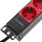 Striscia in PVC con 9 spine rosse tipo Schuko e custodia nera per armadio rack 19” 1U