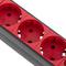 Striscia in PVC con 9 spine rosse tipo Schuko e custodia nera per armadio rack 19” 1U