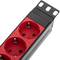 Striscia in PVC con 9 spine rosse tipo Schuko e custodia nera per armadio rack 19” 1U