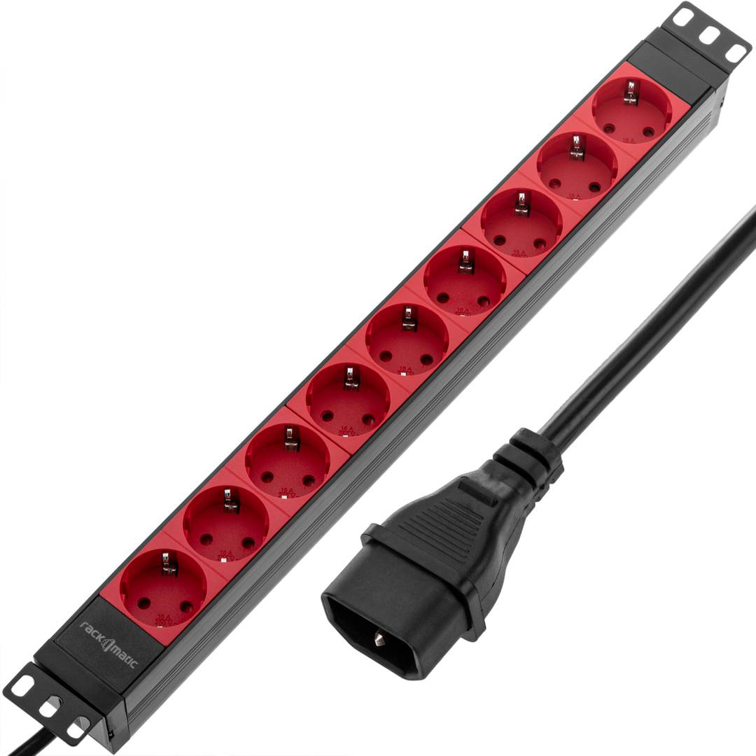Regleta de enchufes de PVC para armario rack 19” 1U con 9 Schuko rojos  conector C14 y carcasa negra - Cablematic