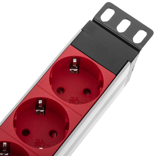 Barra de alimentação para armário de rack 10” 1U com 4 Schuko vermelho PVC