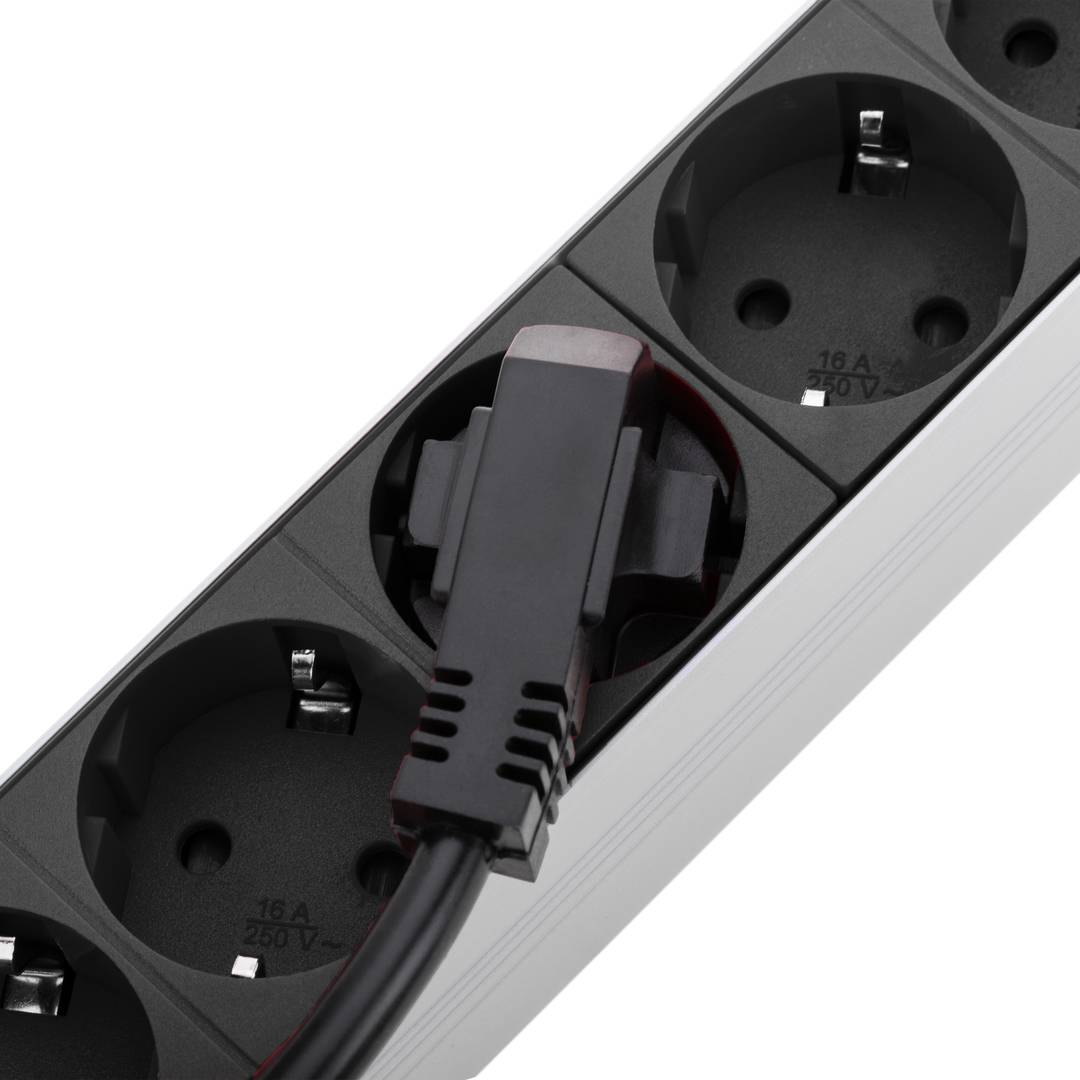 Tira de força de PVC para rack de 10” 1U com 3 soquetes Schuko pretos e interruptor