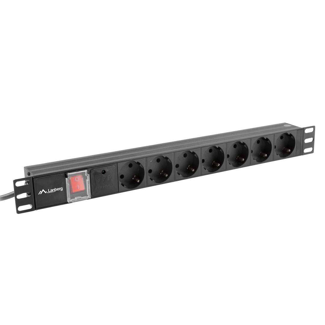 Regleta PDU 1U con 7 salidas AC tipo F y un acoplador C14 de Lanberg 07F-0200-IEC-BK