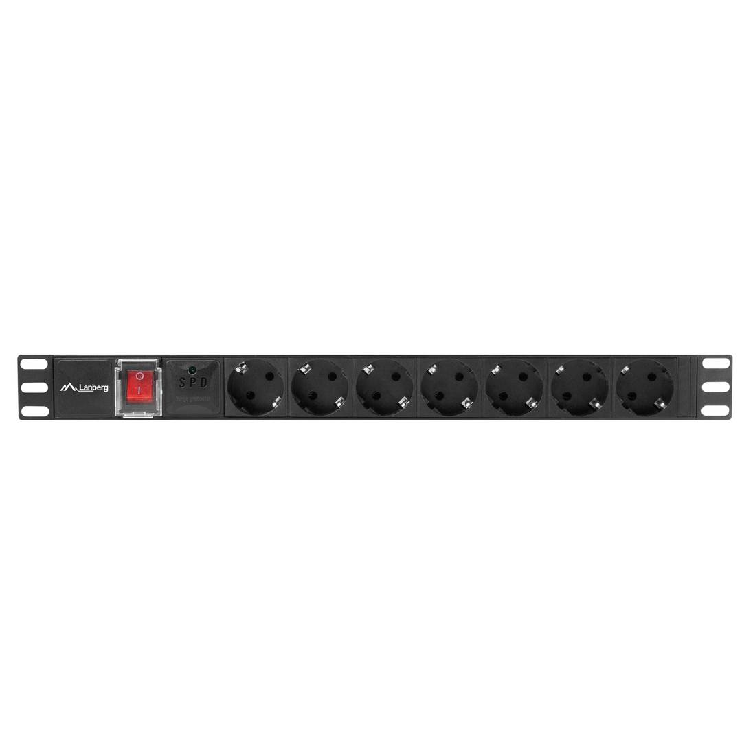 Regleta PDU 1U con 7 salidas AC tipo F y un acoplador C14 de Lanberg 07F-0200-IEC-BK