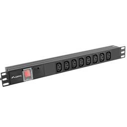 PVC-Steckdosenleiste für 19" 1U Rackschrank mit 8 IEC C13 in Schwarz mit Schalter und C20-Stecker