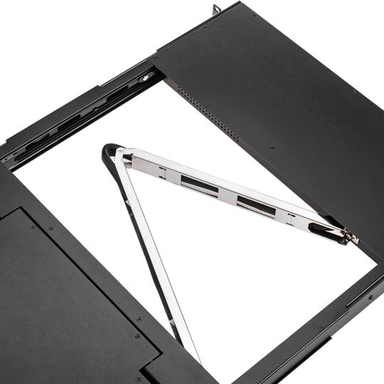 Rackconsole met 17-inch display en 32-poorts KVM-controller via UTP Cat.6-kabel