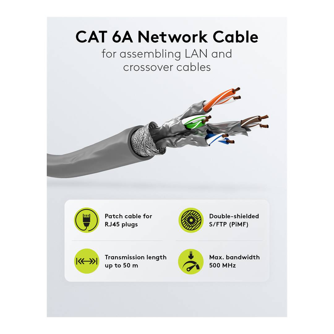 Bobina de cable de red ethernet Cat.6a S/FTP de 50 m de color gris