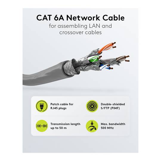 Bobina de cable de red ethernet Cat.6a S/FTP de 100 m de color gris