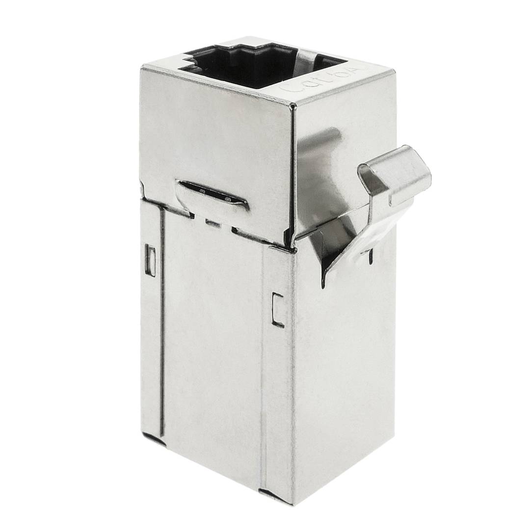 Conector pedra angular RJ45 feminino para RJ45 feminino Cat.6A FTP metálico compacto