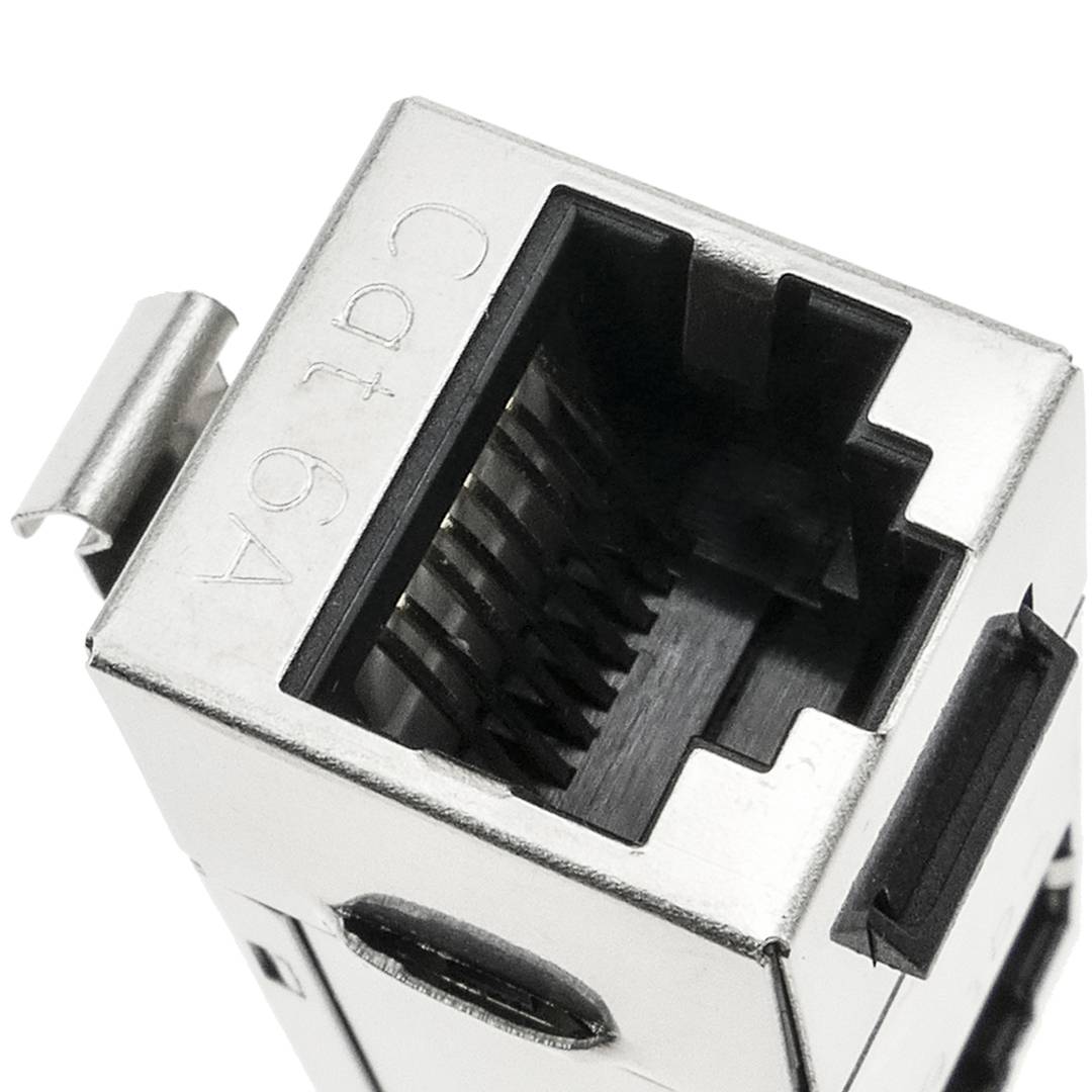 Conector pedra angular RJ45 feminino para RJ45 feminino Cat.6A FTP metálico compacto
