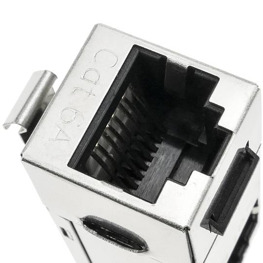 Conector pedra angular RJ45 feminino para RJ45 feminino Cat.6A FTP metálico compacto