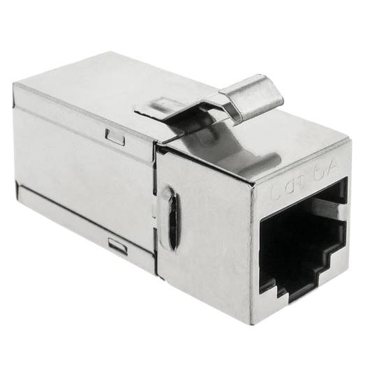 Conector pedra angular RJ45 feminino para RJ45 feminino Cat.6A FTP metálico compacto