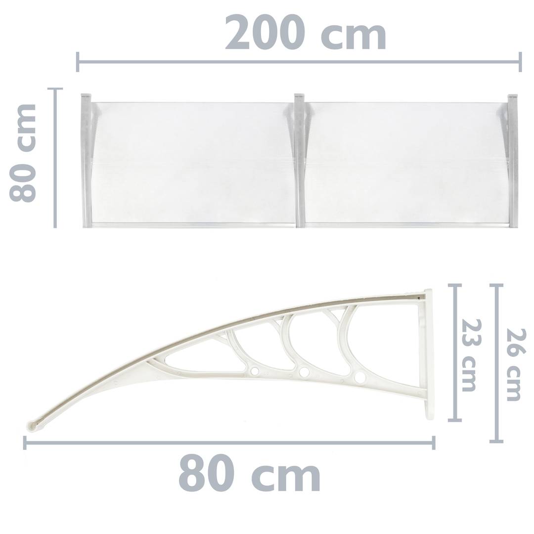 Dossel de proteção transparente de 200x80 cm. Dossel para portas e janelas com suporte branco
