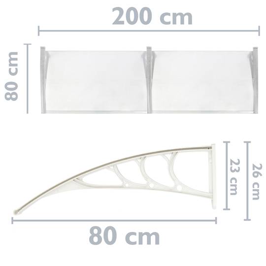 Dossel de proteção transparente de 200x80 cm. Dossel para portas e janelas com suporte branco