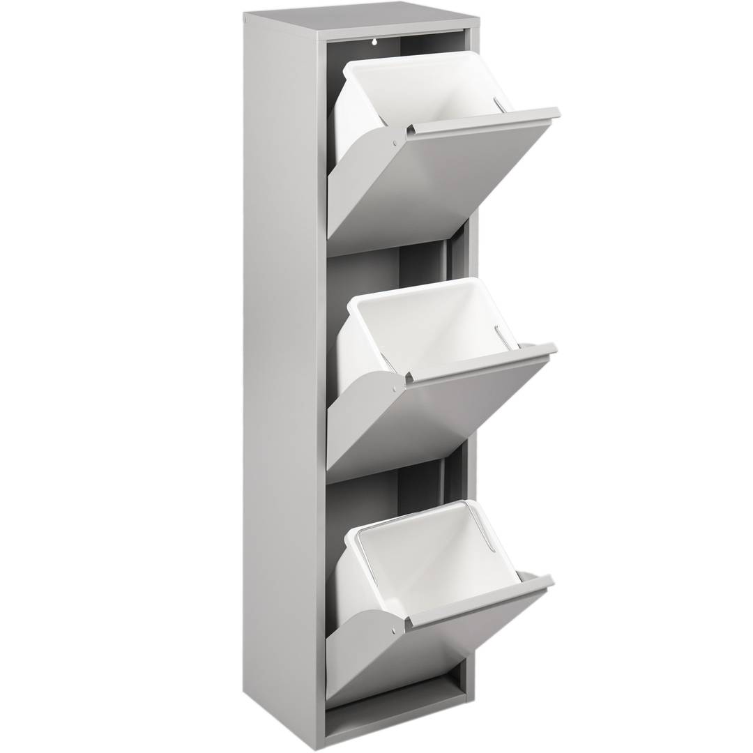Cubo de basura metálico con 3 compartimentos gris claro para reciclaje