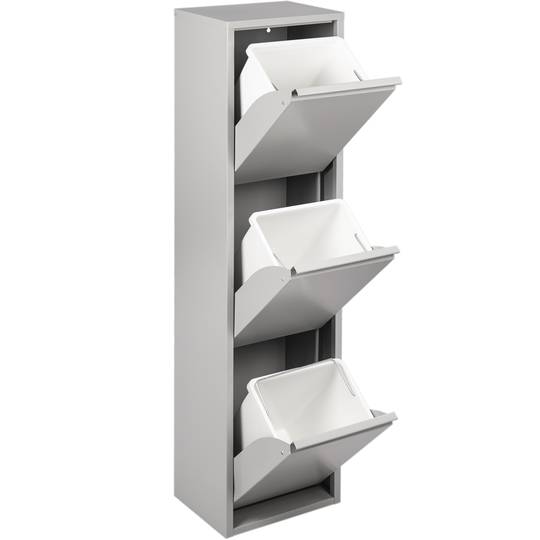 Cubo de basura metálico con 3 compartimentos gris claro para reciclaje