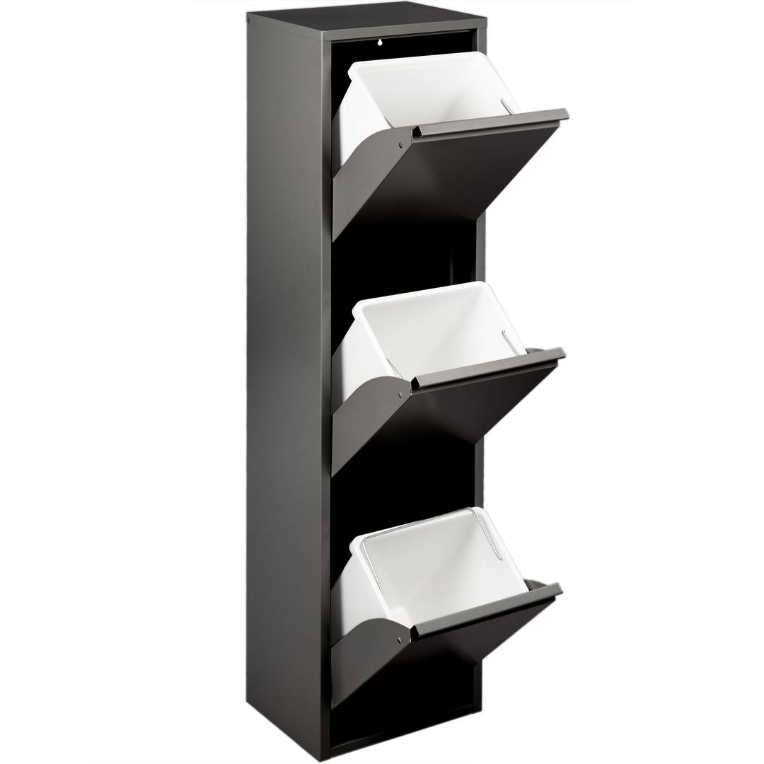 Metal waste bin with 3 black compartments for recycling