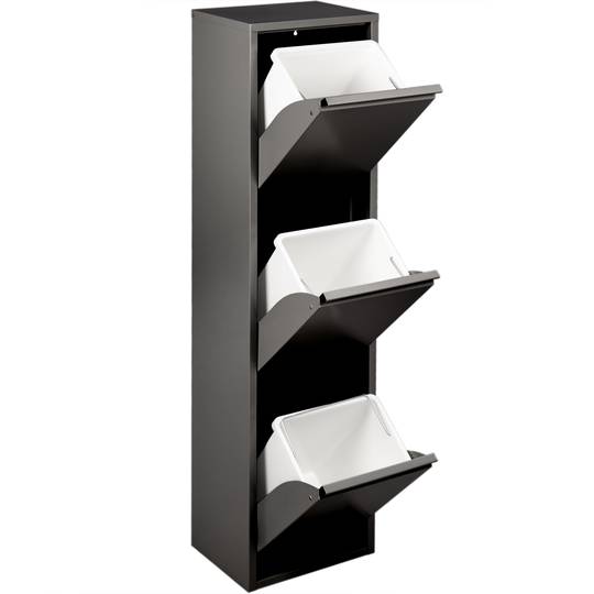 Metal waste bin with 3 black compartments for recycling
