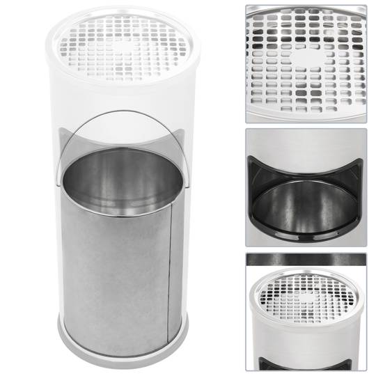 Circular floor-standing trash can with stainless steel ashtray.