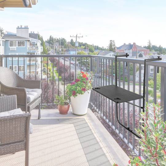 Taula rectangular ajustable per a balcó 60x36cm negra imitació trenat de fusta