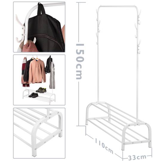 Cabide multifuncional em metal branco com cabide e 2 prateleiras baixas