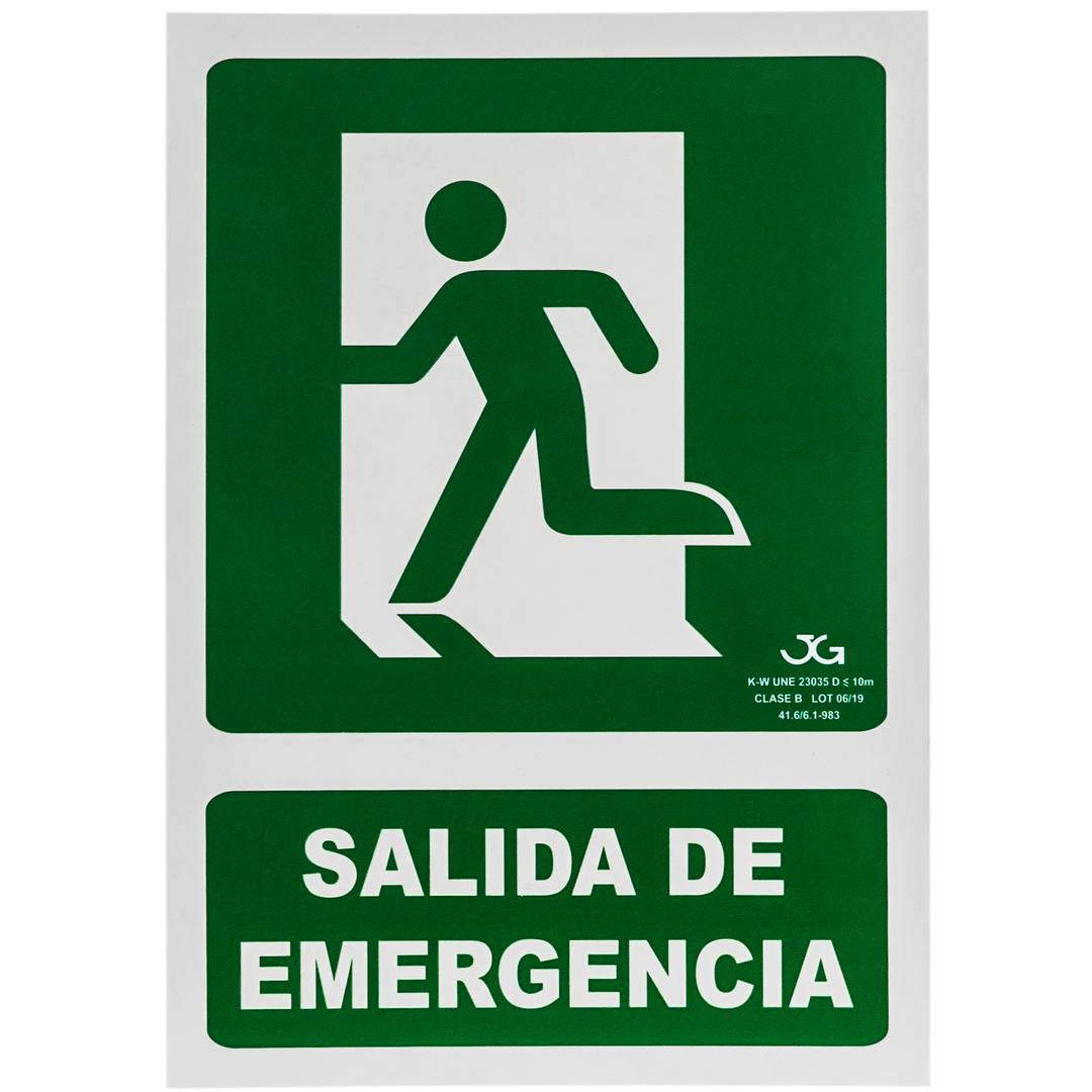 Emergency exit sign to the left. Luminescent signal 21 x 30 cm