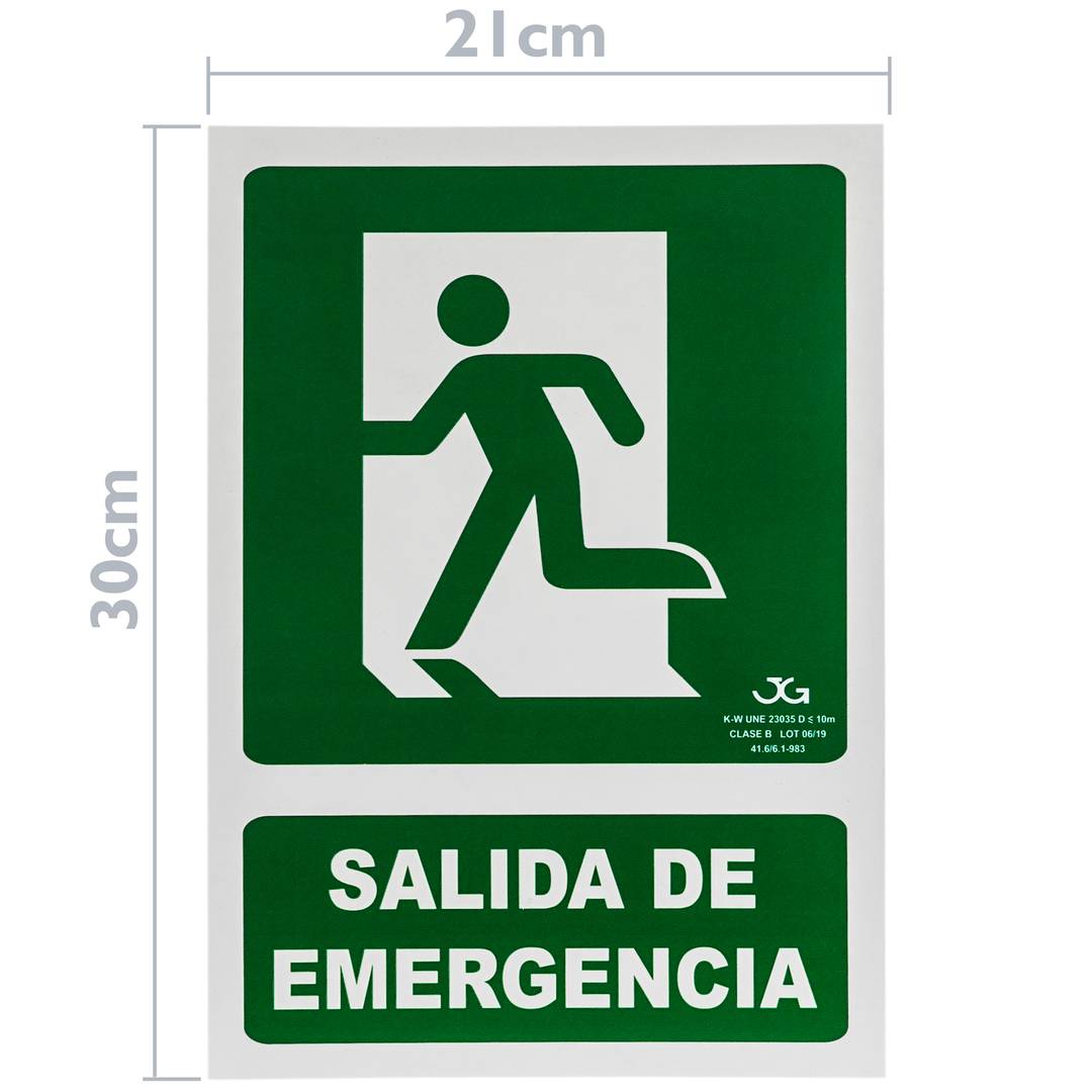 Emergency exit sign to the left. Luminescent signal 21 x 30 cm
