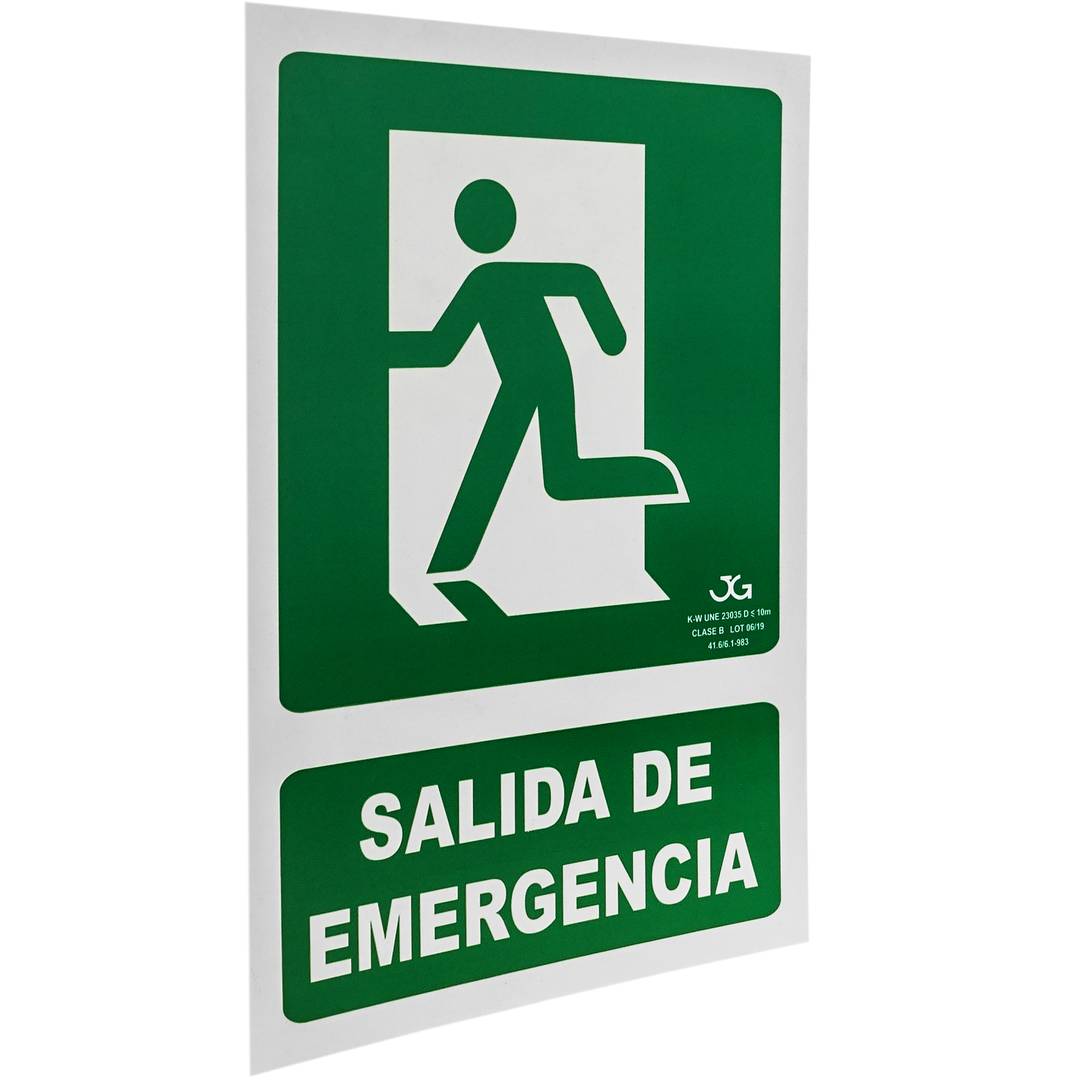 Emergency exit sign to the left. Luminescent signal 21 x 30 cm