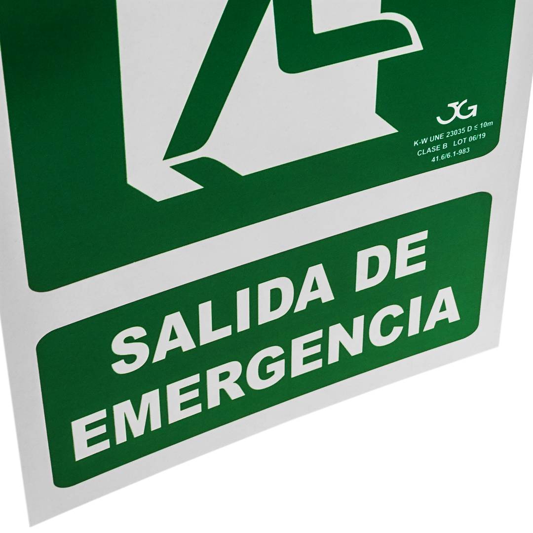 Emergency exit sign to the left. Luminescent signal 21 x 30 cm