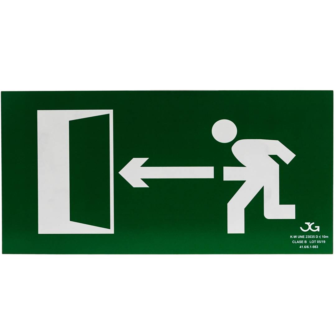 Emergency exit sign to the left. Luminescent signal 32 x 16 cm