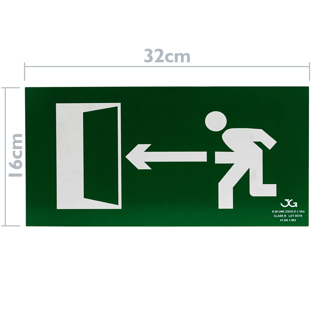 Emergency exit sign to the left. Luminescent signal 32 x 16 cm