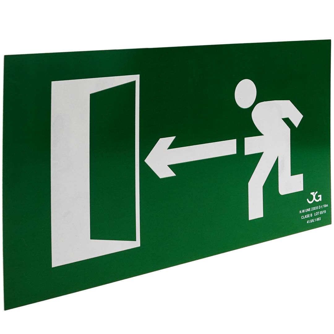 Emergency exit sign to the left. Luminescent signal 32 x 16 cm