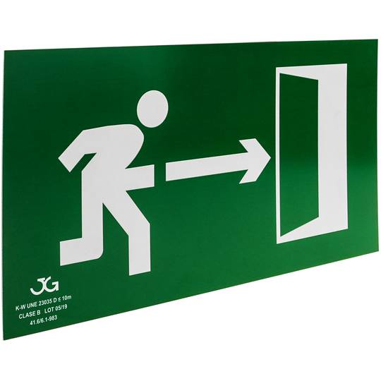 Signe de sortie de secours à droite. Signal d'urgence luminescent de 32 x 16 cm