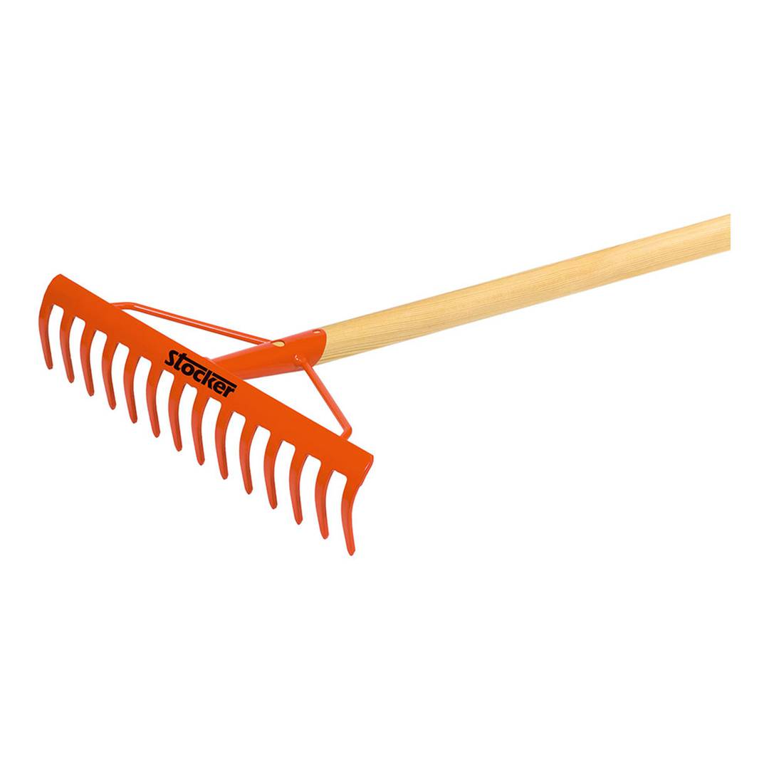 Rastrillo para campo y jardín con 14 dientes de 1 m x 40 cm de acero con mango de madera Stocker