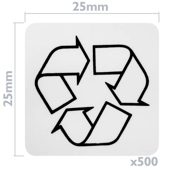 Rolka 500 samoprzylepnych etykiet wskazujących, że materiał nadaje się do recyklingu 25 x 25 mm