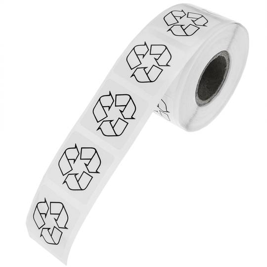 Rolka 500 samoprzylepnych etykiet wskazujących, że materiał nadaje się do recyklingu 25 x 25 mm