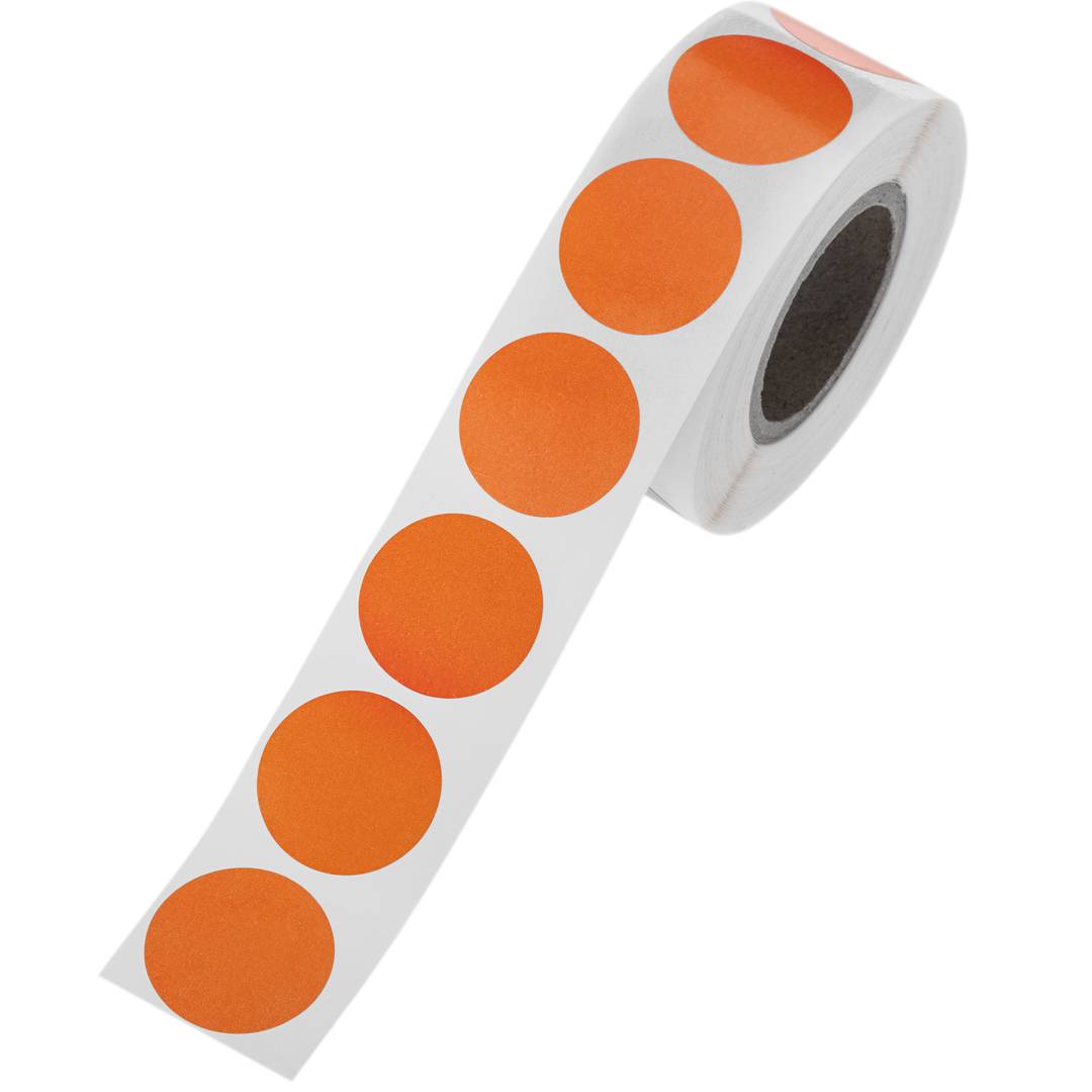 Roll of 500 orange round adhesive labels 19 mm