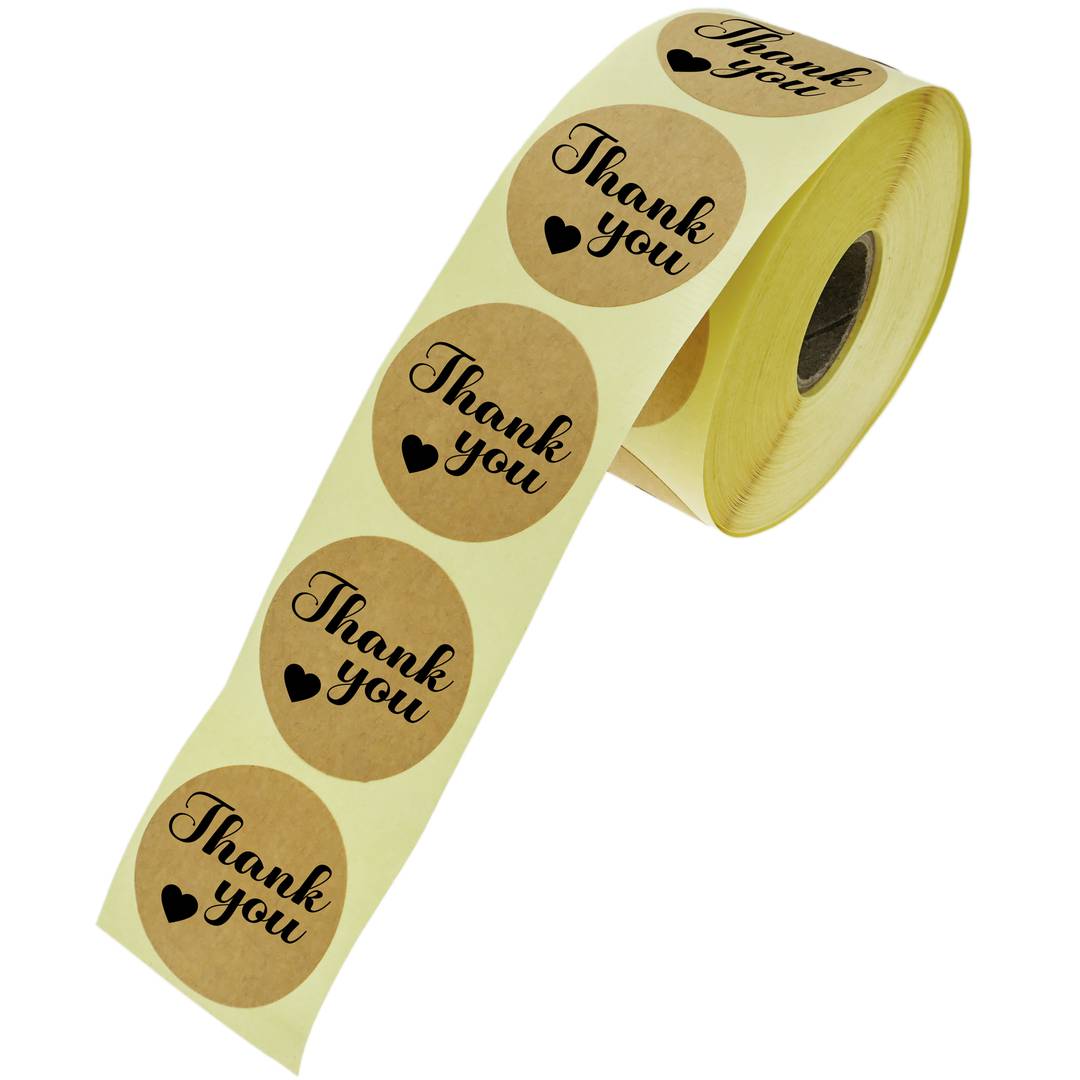 Adesivi rotondi di carta kraft Thank You 25 mm, rotolo di 500 etichette,  colore marrone - Cablematic