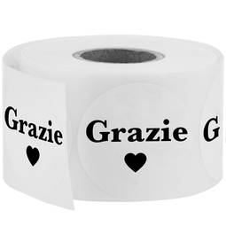 Autocollants "Grazie" ronds de 25 mm, rouleau de 500 étiquettes, couleur blanche, rouleau de 500 étiquettes
