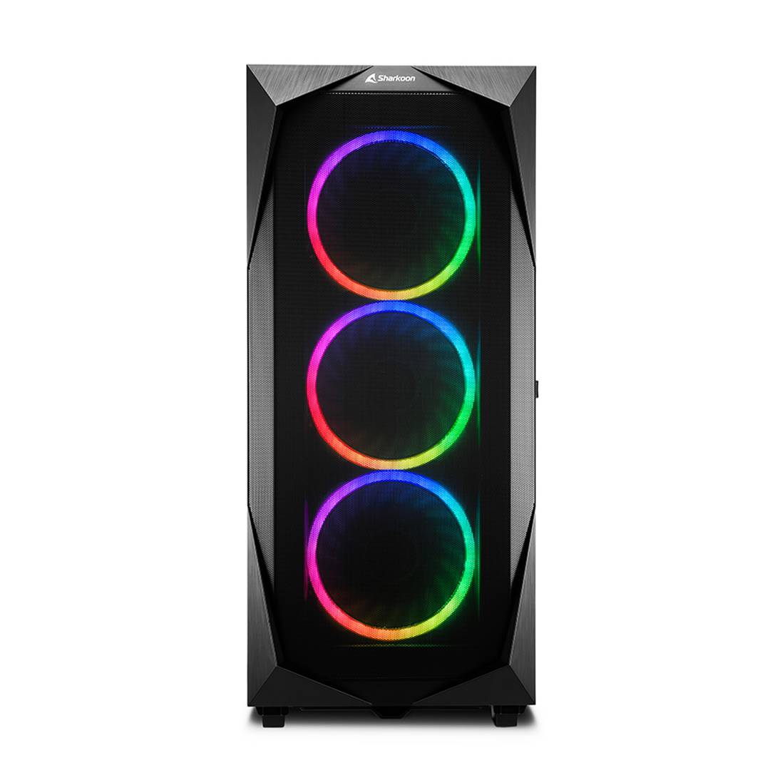 SHARKOON REV300 ATX-Gehäuse mit 2 USB 3.0- und RGB-Anschlüssen ohne Netzteil, schwarze Farbe.