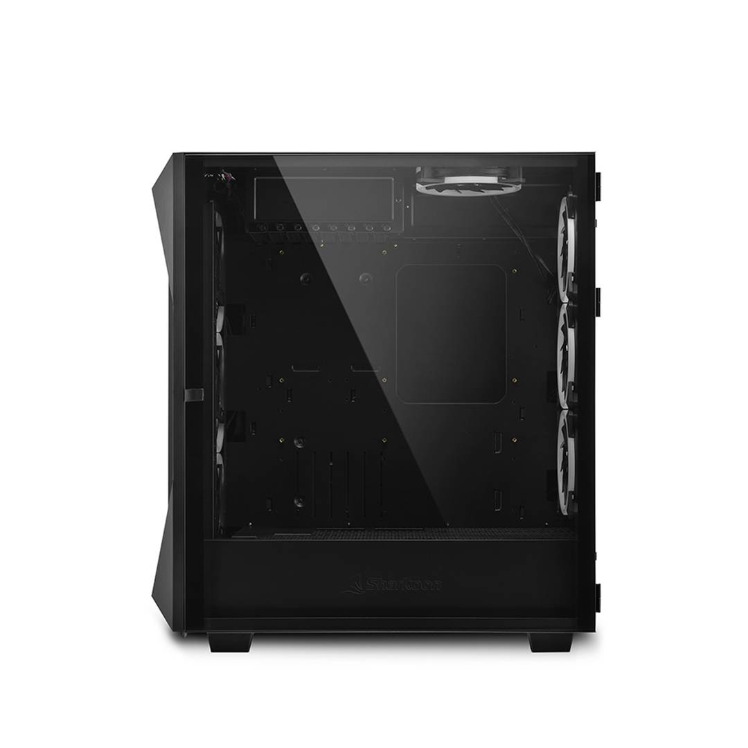 SHARKOON REV300 ATX-Gehäuse mit 2 USB 3.0- und RGB-Anschlüssen ohne Netzteil, schwarze Farbe.