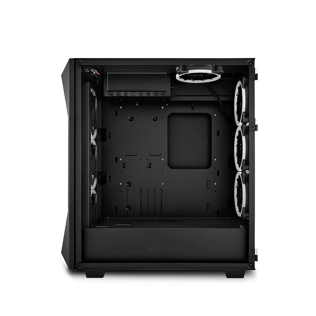 SHARKOON REV300 ATX-Gehäuse mit 2 USB 3.0- und RGB-Anschlüssen ohne Netzteil, schwarze Farbe.