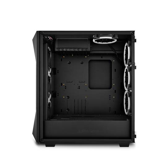 SHARKOON REV300 ATX-Gehäuse mit 2 USB 3.0- und RGB-Anschlüssen ohne Netzteil, schwarze Farbe.