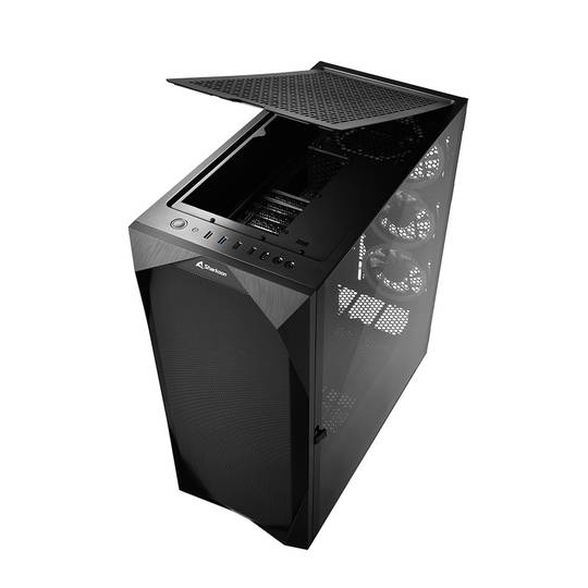 SHARKOON REV300 ATX-Gehäuse mit 2 USB 3.0- und RGB-Anschlüssen ohne Netzteil, schwarze Farbe.