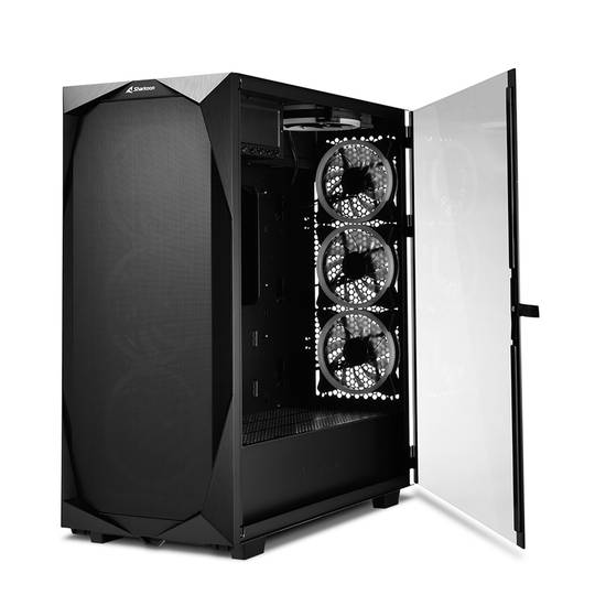 SHARKOON REV300 ATX-Gehäuse mit 2 USB 3.0- und RGB-Anschlüssen ohne Netzteil, schwarze Farbe.